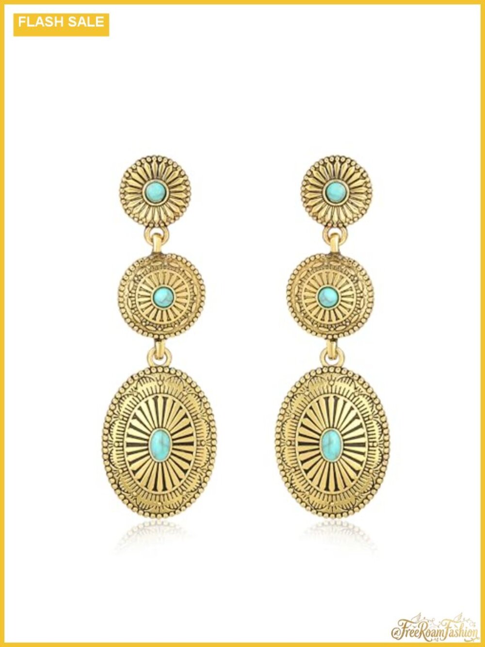 Gold Tone Dangle Concho Earrings Turquoise Western Boho